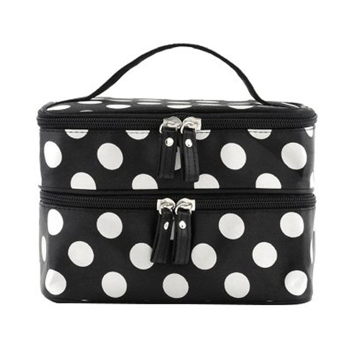 Double Layer Dot Pattern Cosmetic Bag with Mirror
