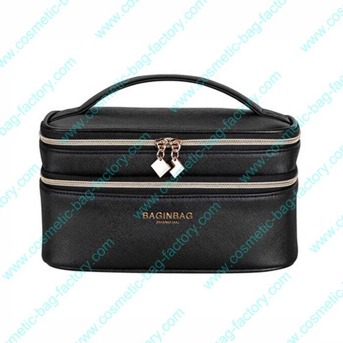 double layer cross hatch black leather cosmetic bag