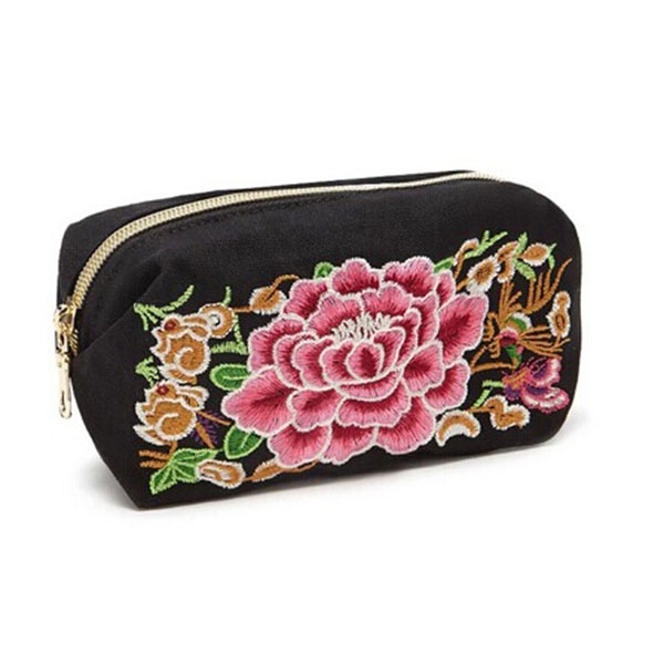 Embroidery flower cotton women cosmetic pouch  