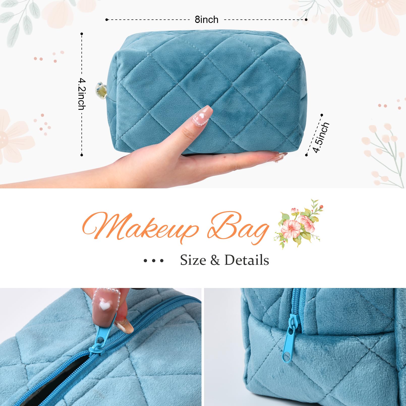 Custom blue quilted cotton cosmetic bag puffy makeup pouch FUYUAN OEM